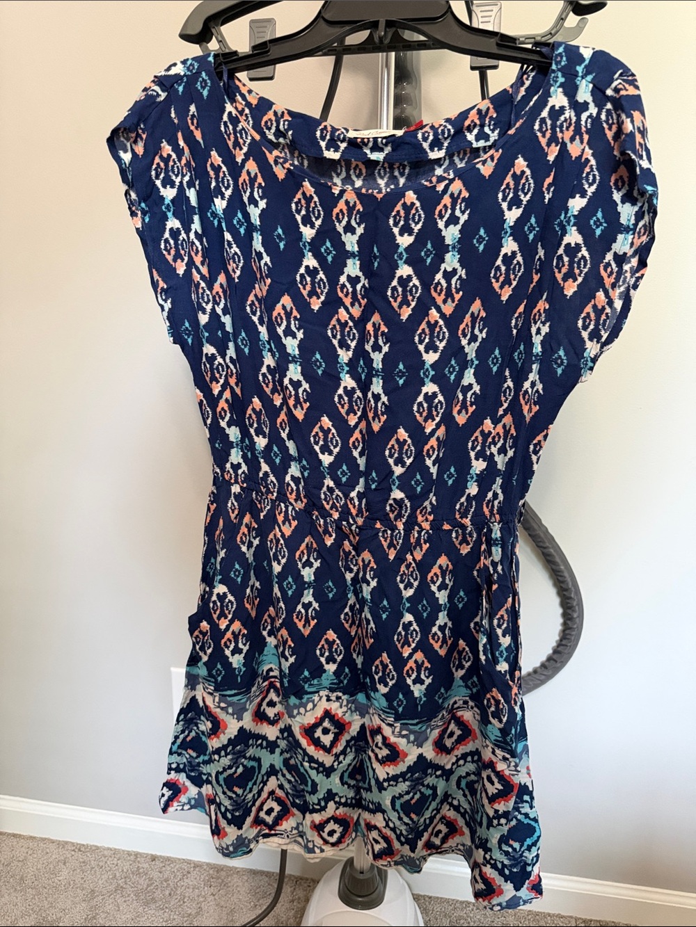 Red Camel Navy Blue Patterned Short Sleeve Tunic with Coral and Aqua Accents